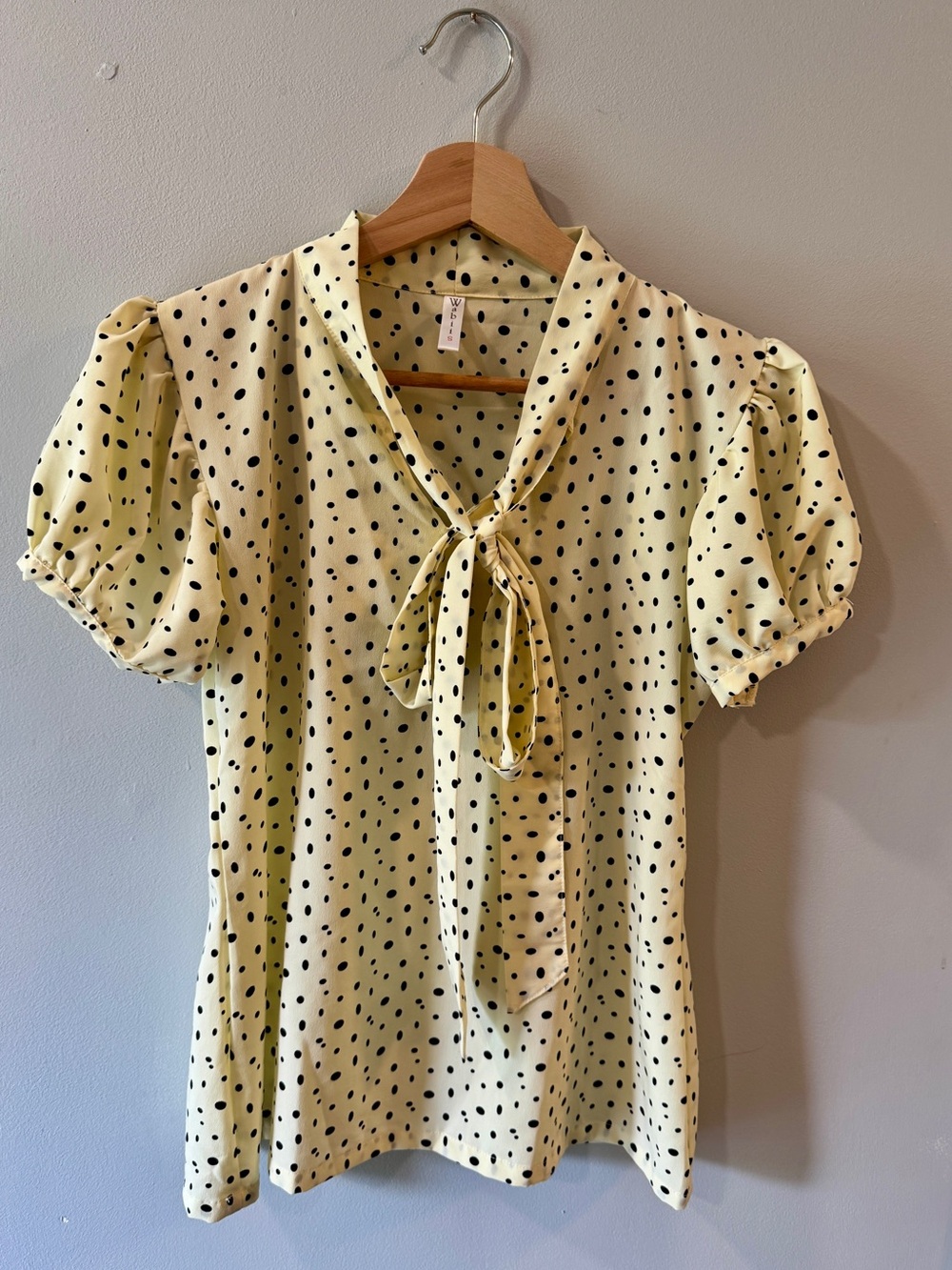 Vintage-Inspired Butter Yellow Polka Dot Tie-Neck Blouse
